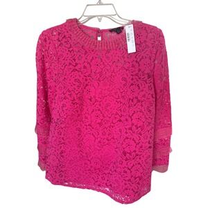 Womens J.Crew Floral Lace Tulle Ruffle Trim Long Sleeve Blouse Barbie Pink NWT S